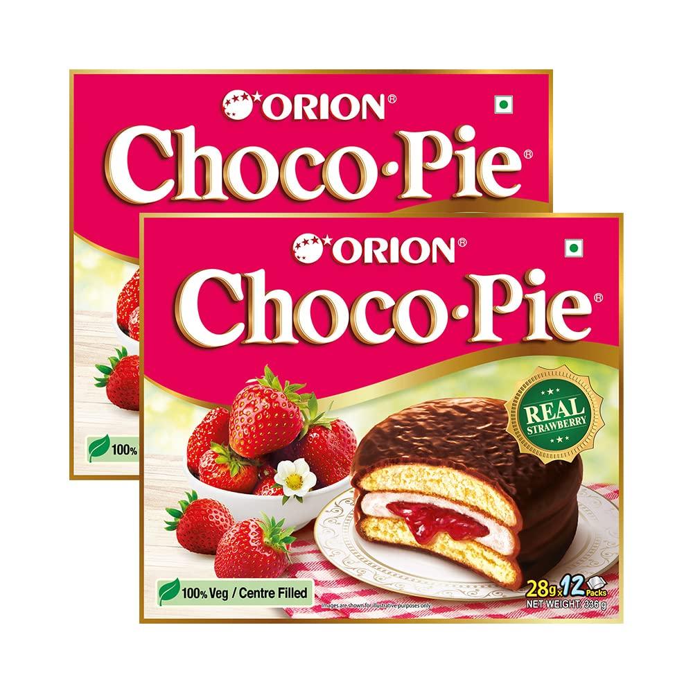 ORION ORION Strawberry Choco Pie - 2 x 12 Piece Pack (24 pies)| Centre-filled Chocolate biscuit