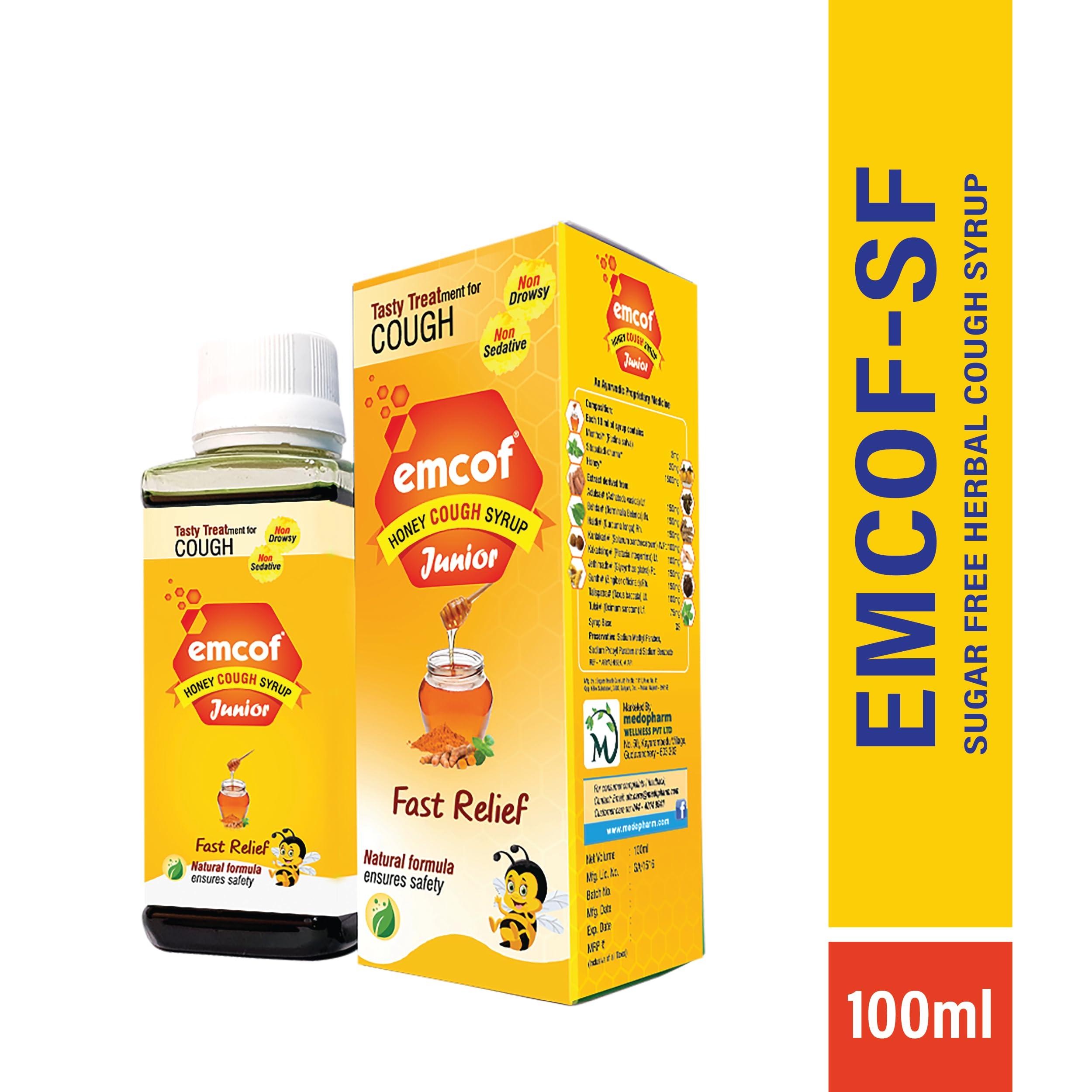 Medopharm Wellness Emcof Honey Cough Syrup For Kids Formulated With Natural Ingredients | Help To Relieve Dry And Chesty Cough In Kids | Fast-acting Relief For Dry & Chesty Cough Non-drowsy & Alcohol-free - 100ml Pack