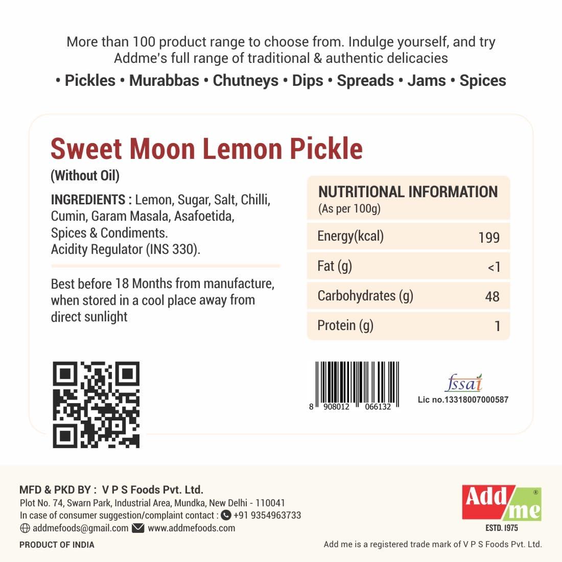 Add me Add me sweet lemon pickle 600 gm | Khatta Meetha nimbu ka achar, lemon pickle sweet and sour without oil sweet lime pickle Homemade Recipe & Taste Glass Pack.