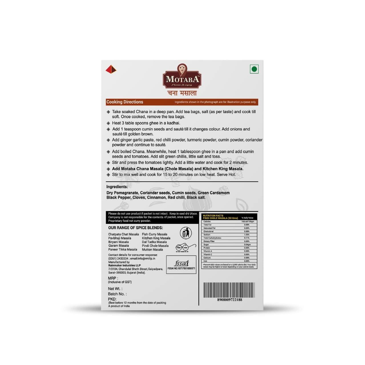 MOTABA Motaba Chatpata Chhola Chana Masala| Fresh & Special Chana (Chhole) Masala Powder | Easy to Cook | Spice Mix (500gms, Pack of 1)