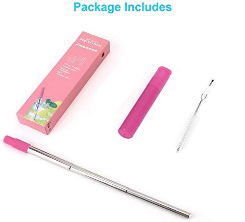 Anab Gift International ANABGI Reusable Portable Metal Straws for Drinking, Telescopic Foldable Stainless-Steel Drinking Straw with Case and Cleaning Brush Carabiner for Coffee Juice Smoothie Milkshake, Easy to Clean (Pink)