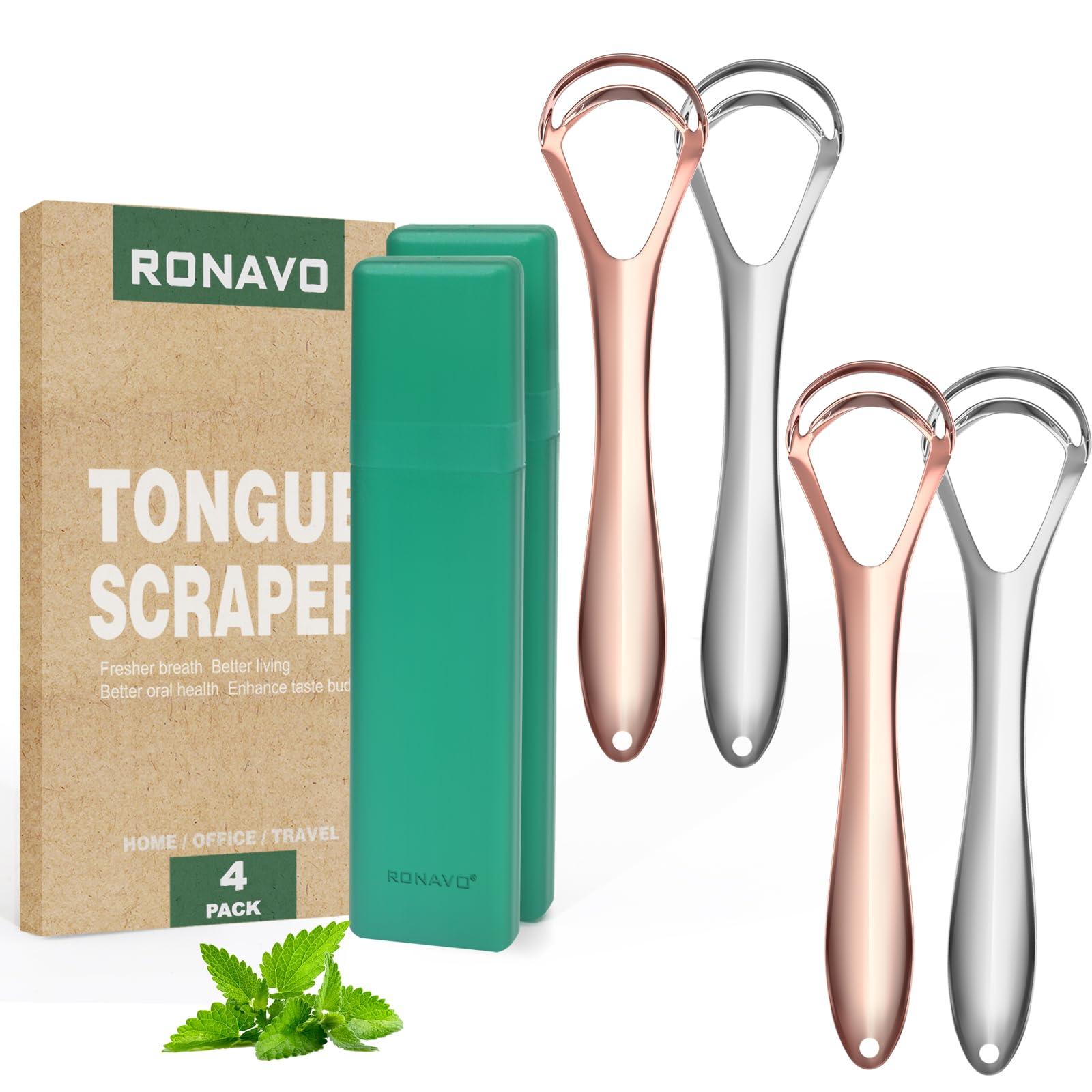 RONAVO RONAVO Tongue Scraper for Adults (4 PC), New 2023 Tounge Scraper Dual Scraping Head with Travel Cases, Stainless Steel Tongue Cleaner Fresh Breath, Oral Care, 2 Colors