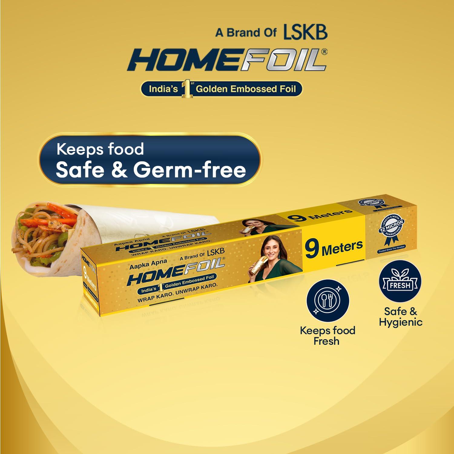 Homefoil HOMEFOIL 9 Meter Golden Embossed Aluminium Foil | 12 Micron Thickness | Premium Quality | Keeps Food Fresh Always | Perfect for Food Wrapping, Packing, Storing and Serving (Pack of 1)