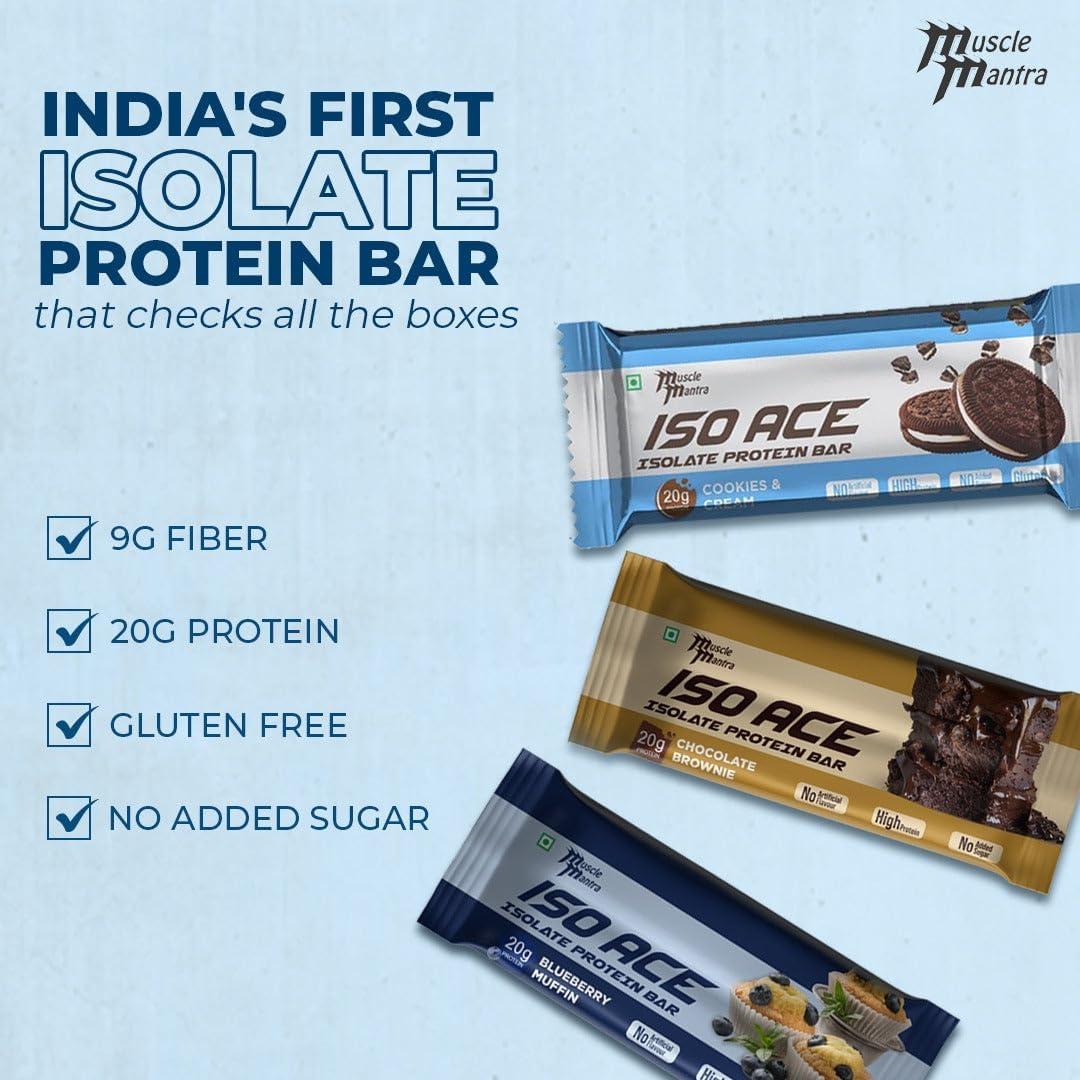 Muscle Mantra Muscle Mantra ISO ACE Isolate Protein Bar - Chocolate Brownie | High Protein & Energy Snack Bars | 20gm Protein, 9gm Fiber Bars, No Added Sugar, Gluten Free, No Artificial Flavour - (Pack of 2, 12 Bars)