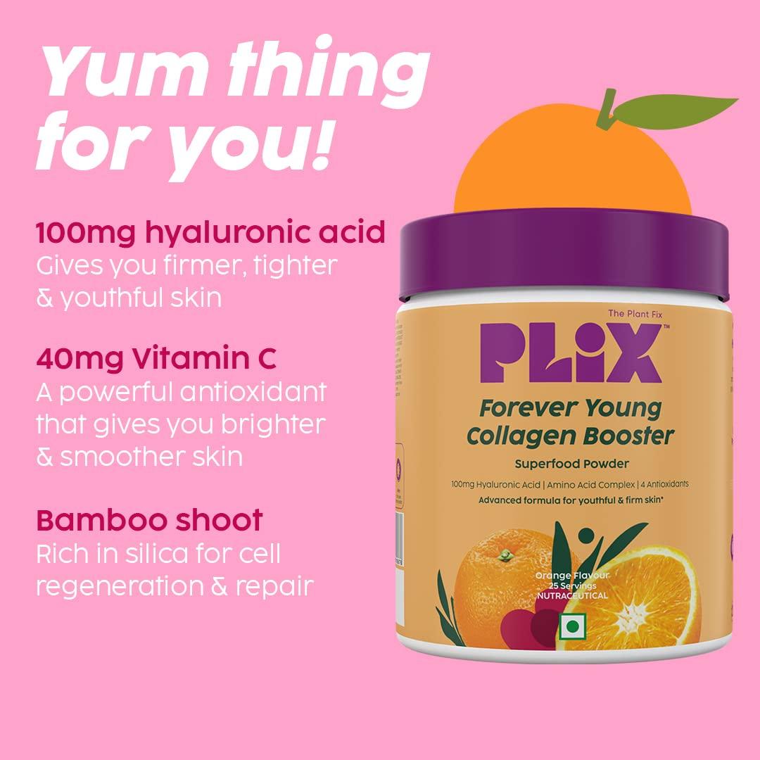 PLIX - THE PLANT FIX PLIX - THE PLANT FIX Collagen Supplement Powder To Support Skin Elasticity, Firmness & Youthful Glow | 100% Plant-Based With Hyaluronic Acid & Vitamin C | For Women & Men | Orange Flavour, Pack Of 1
