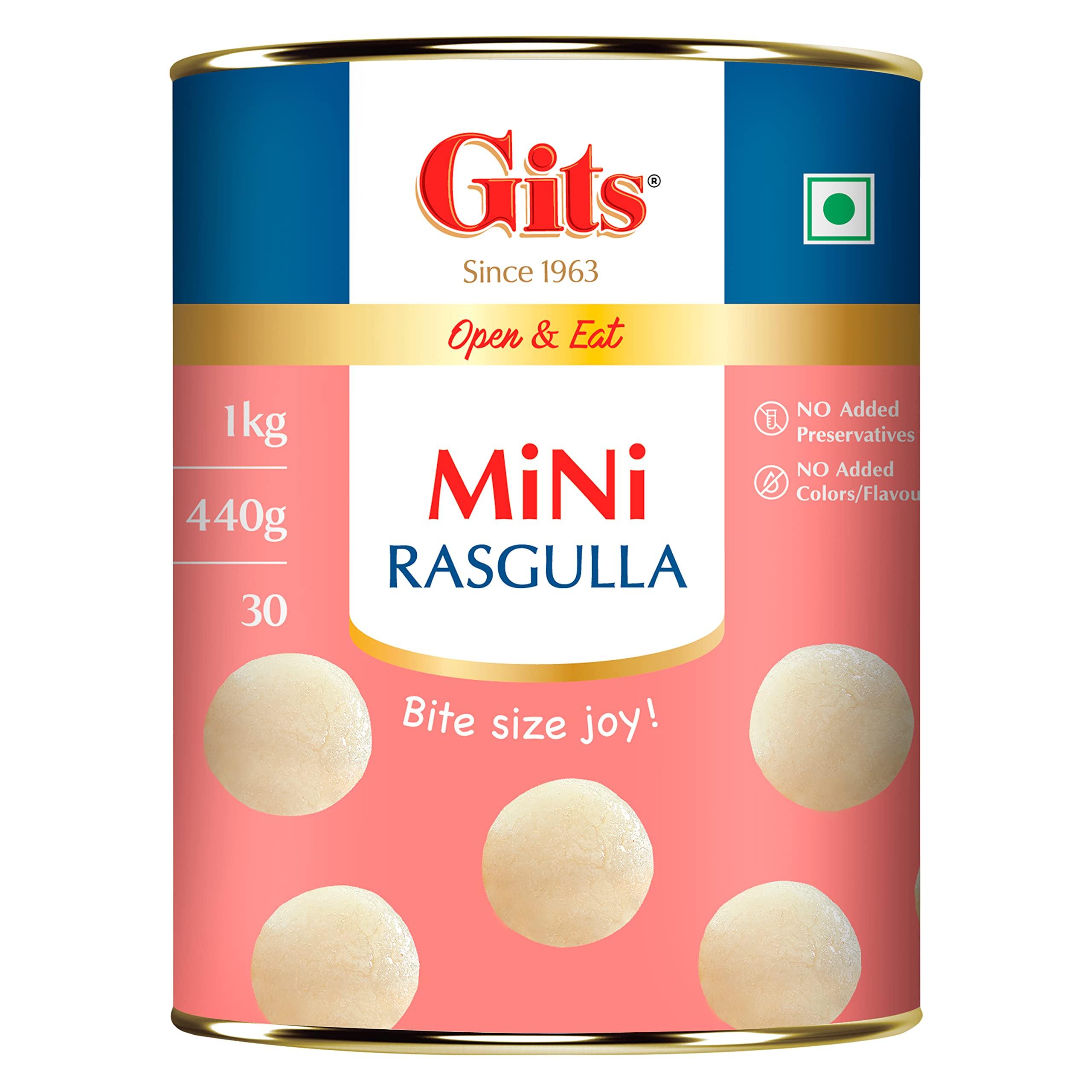 Gits Gits MiNi Gulab Jamun + MiNi Rasgulla | 2Kg (1Kg MiNi Gulab Jamun Tin + 1Kg MiNi Rasgulla Tin) | Open & Eat | 30 Pieces Per Can | Mouth-Watering Indian Mithai | Festive combo