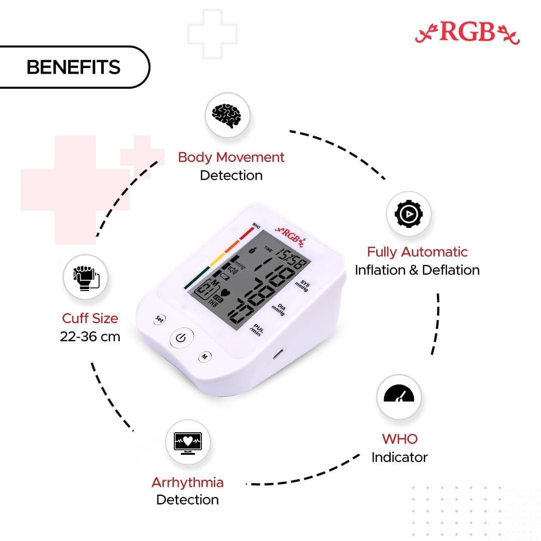 RGB RGB Digital BP Monitor Machine with C type USB Port BP Monitor, Automatic Oscillometric Digital Blood Pressure Monitoring Machine | Upper Arm Portable Digital BP Machine
