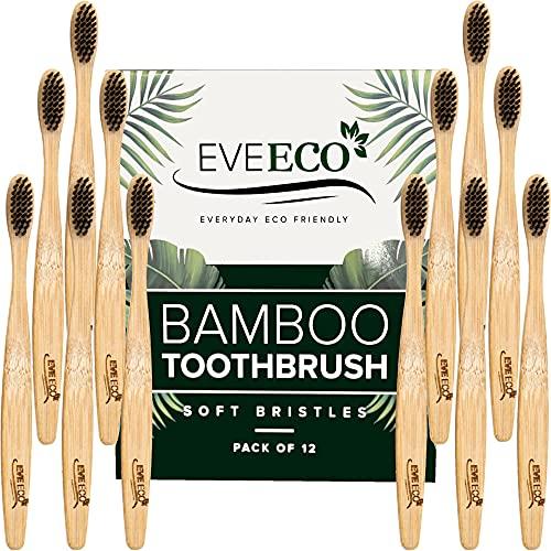 EveEco 12 Pack I Bamboo Toothbrush I Soft Bristles Best For Sensitive Gums I Charcoal I Vegan I Natural Wood I BPA Fee I Recyclable I Compostable I Biodegradable | Environmentally Friendly | By EveEco