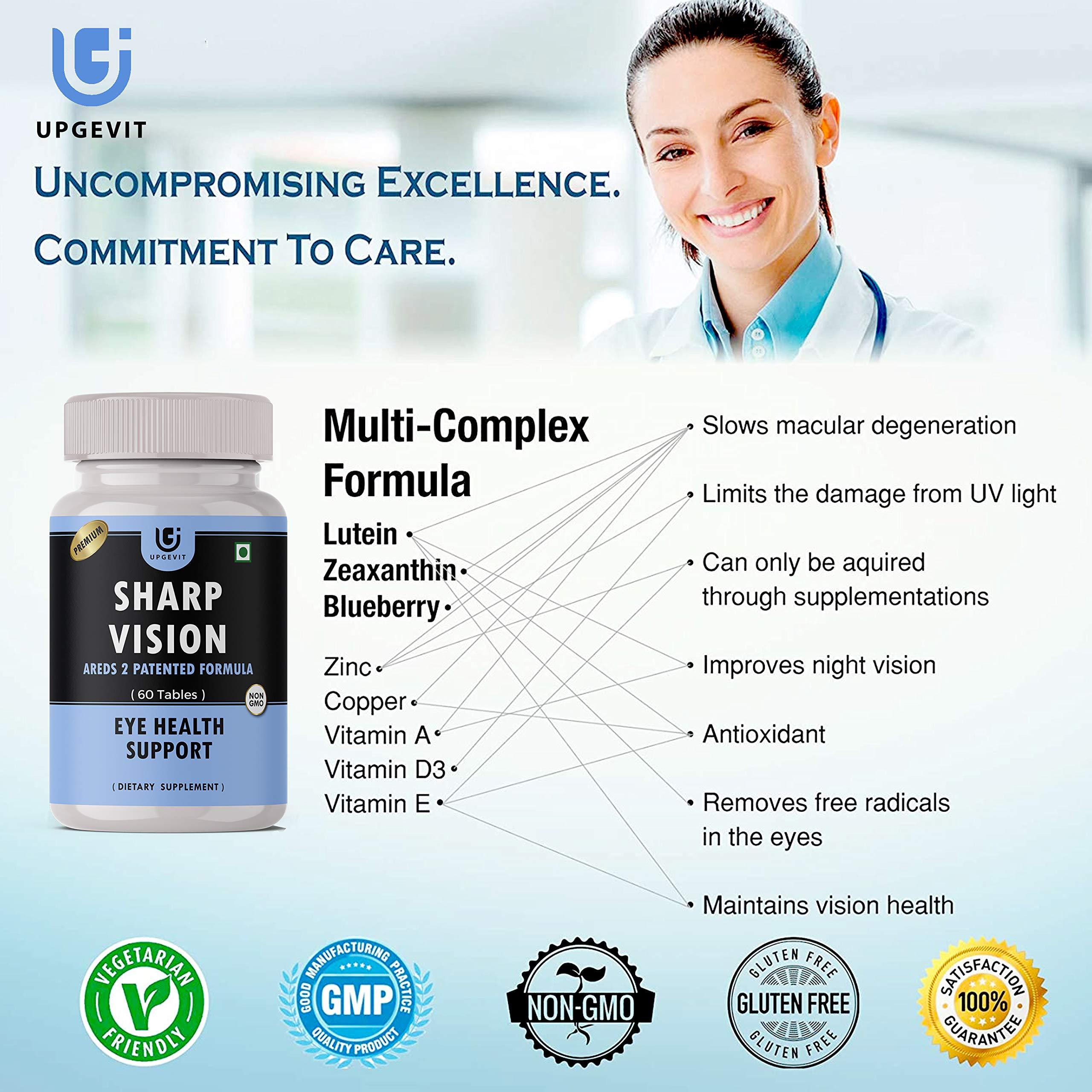 UPGEVIT UPGEVIT Sharp Vision Complete Eye Care Solution With AREDS 2 Patented Formula || Lutein, Zeaxanthin, Bilberry, Vitamin E, Copper And Zinc Supplement - 60 Veg Tablets