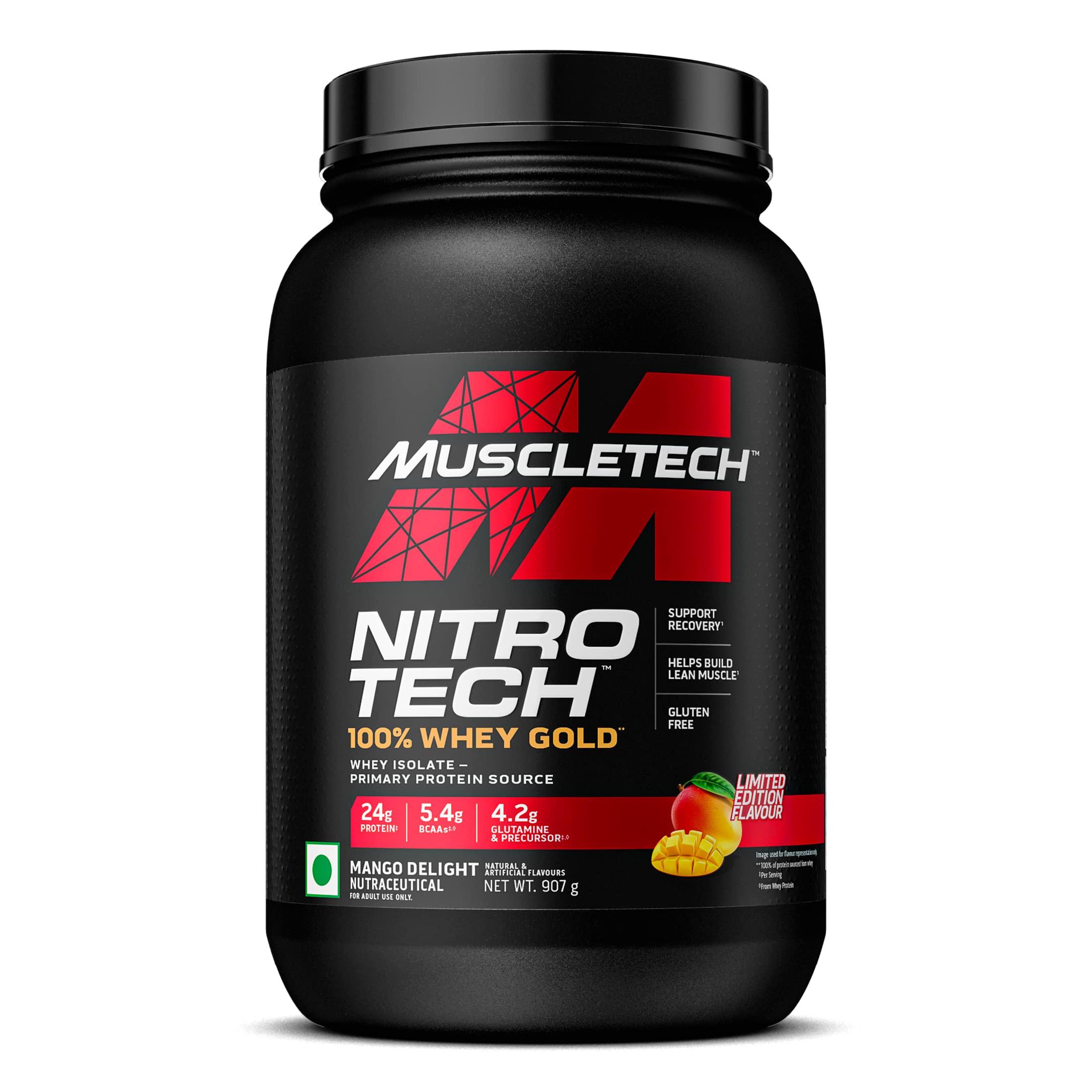 MuscleTech Muscletech Nitrotech 100% Whey Gold, 907g (2lbs), Mango Delight, Primary Source- Whey Protein Isolate, 24G OF PURE PROTEIN FOR ENHANCED LEAN MUSCLE, STRENGTH AND RECOVERY, Gluten Free, Vegetarian