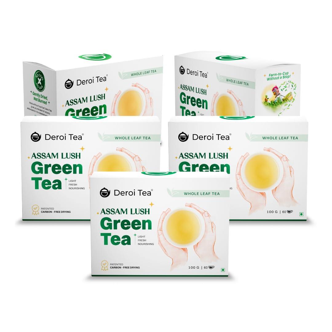 Deroi Tea DEROI TEA Assam Lush Green Tea | CARBON-FREE DRIED TEA | 100% Natural Whole Leaf | Assam Tea | 1Bud & 2 Leaves| Antioxidant Rich | Bitterless | 100 g - 60 Cups | Pack of 5