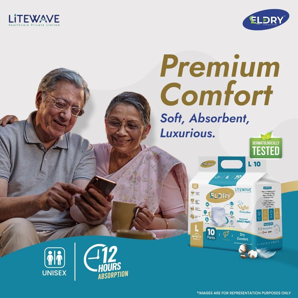 ELDRY ELDRY Unisex | Premium Soft Adult Pant Style Diapers | 10 Counts | Large (L) Size 76-132Cm (30\'\'-52\'\' Inch) | Leakproof, Wetness Indicator, 12 hrs Overnight Protection | (Pack of 1)
