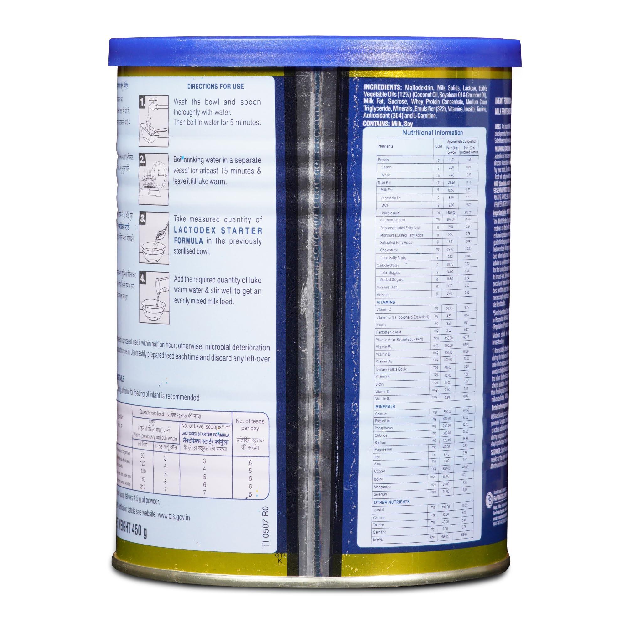 Lactodex Lactodex Starter Formula Stage 1|Infant Milk Substitute|Suitable for babies Up to 6 months|Enriched with Protein and 30 Essential nutrients - 450g Tin Pack