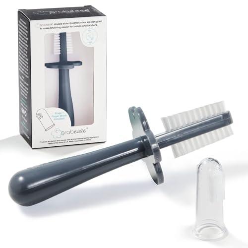 grabease Grabease Double Sided Toothbrush Baby Toothbrush for 6 Months to 4 Years Old with Soft Bristles BPA-Free Toddler Toothbrush with Anti-Choke Guard Includes Free Finger Brush, Grey