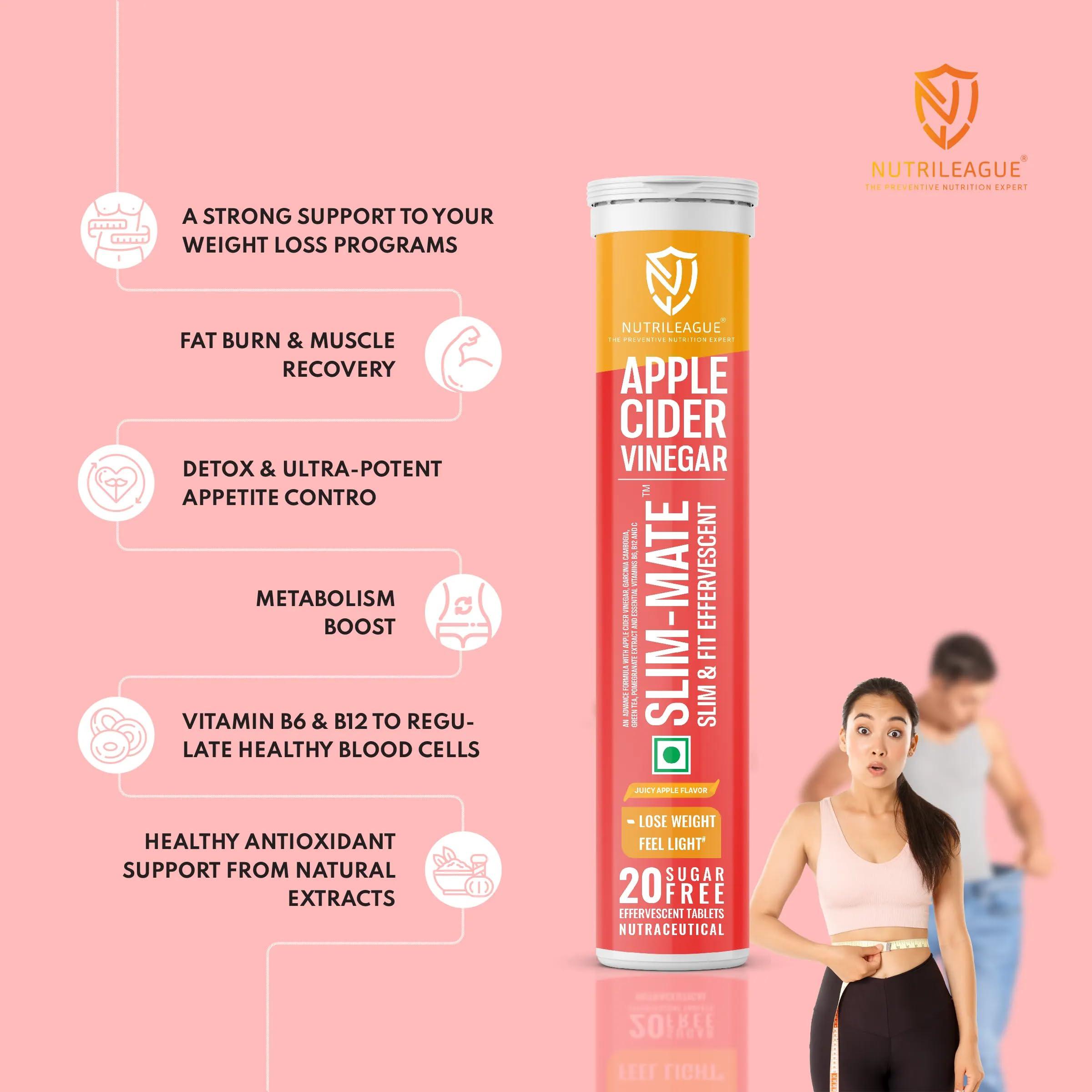 Nutrileague Nutrileague Slim-Mate (Slim & Fit) Effervescent Tablet | Apple Cider Vinegar with Mother (ACV) | 20 Tabs Each | Apple Flavour | Sugar-Free | Vegan | Garcinia Cambogia, Pomegranate, Green Tea & Vitamin C, B6, B12