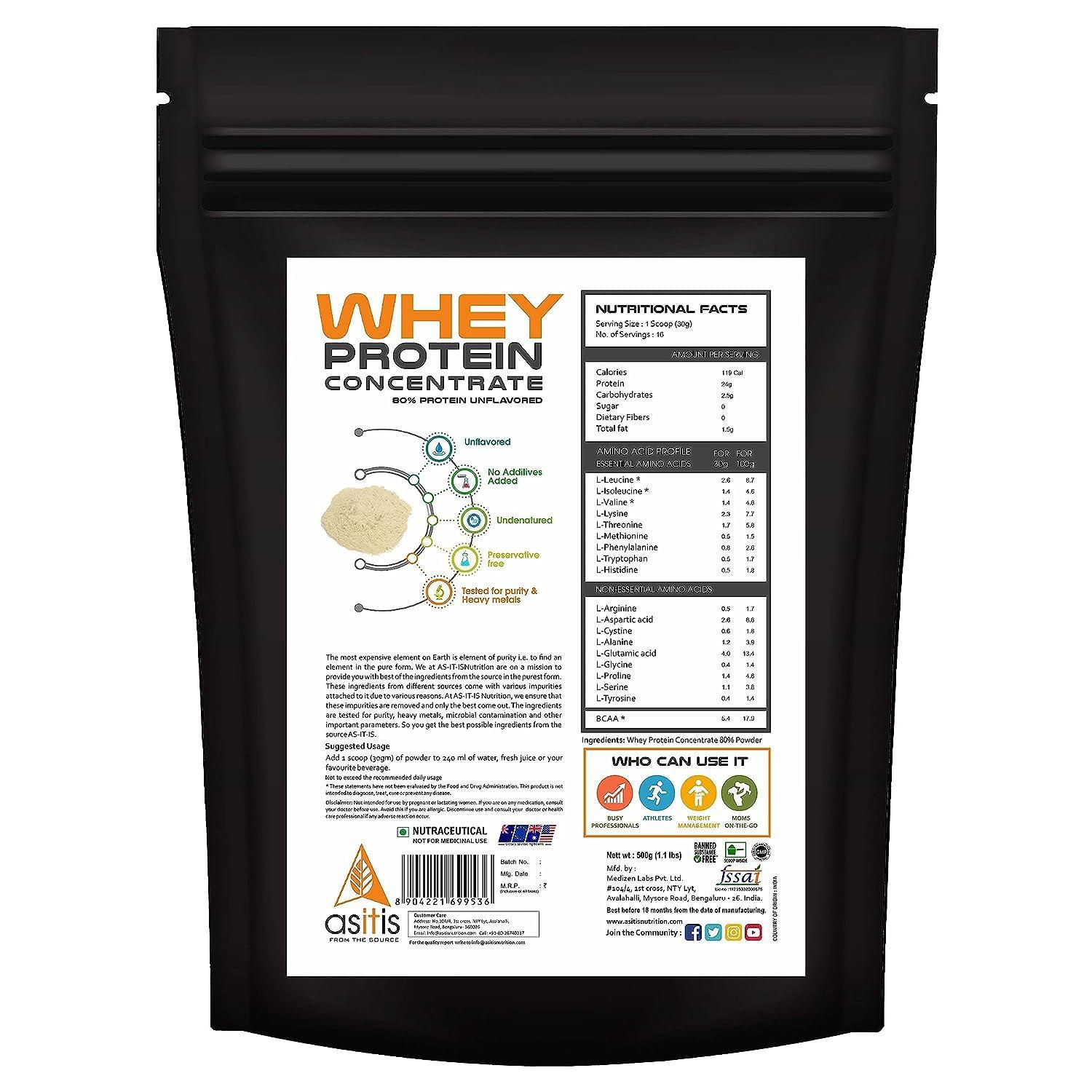 Asitis Nutrition AS-IT-IS Nutrition Whey Protein Concentrate 80% Unflavoured, Labdoor Certified (500Gm)