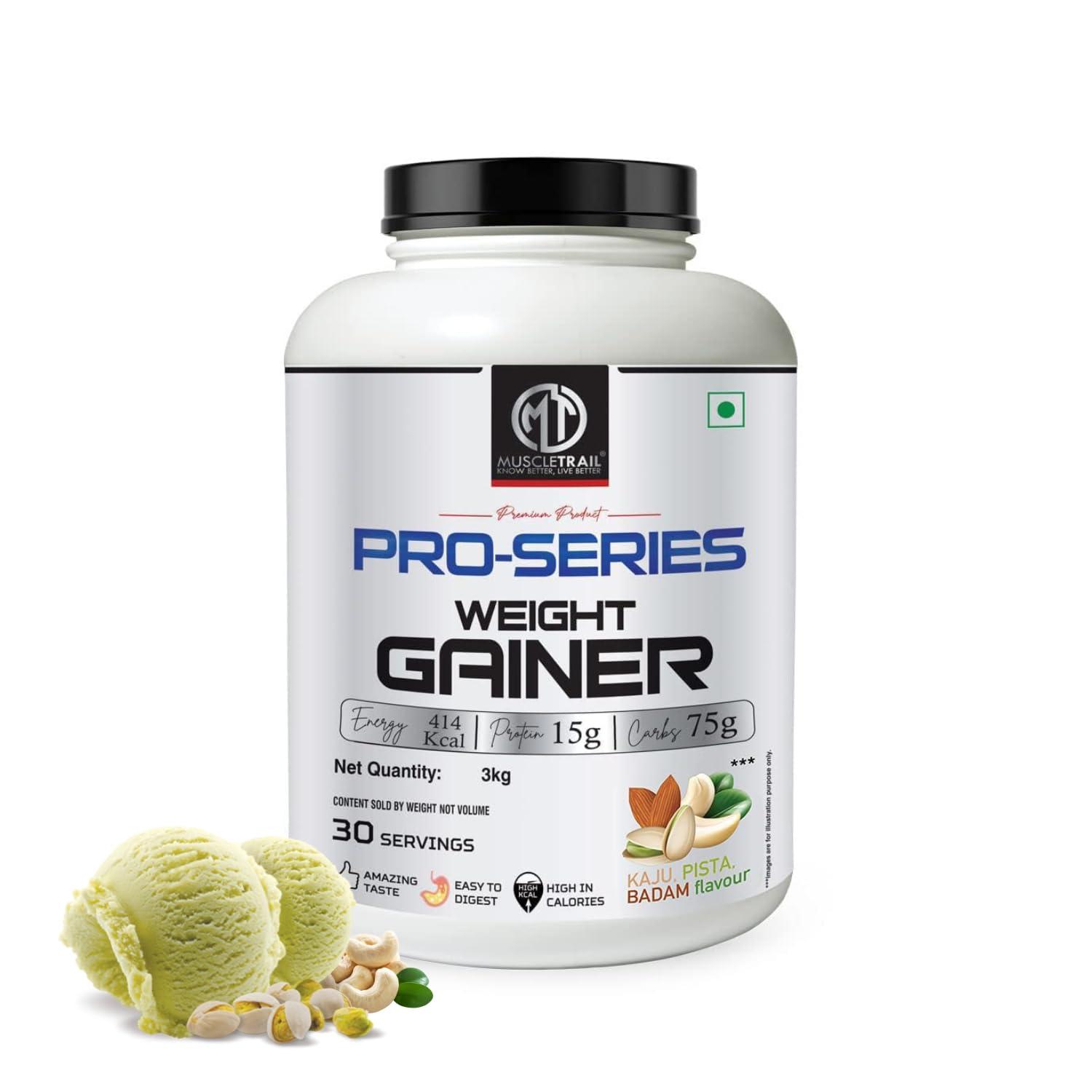 MUSCLETRAIL MuscleTrail Pro Series Weight Gainer Powder | Kaju Pista Badam (3kg) | 15g Protein, 414 Calories, 75g Carbs, High in CaloriesforWeightgain