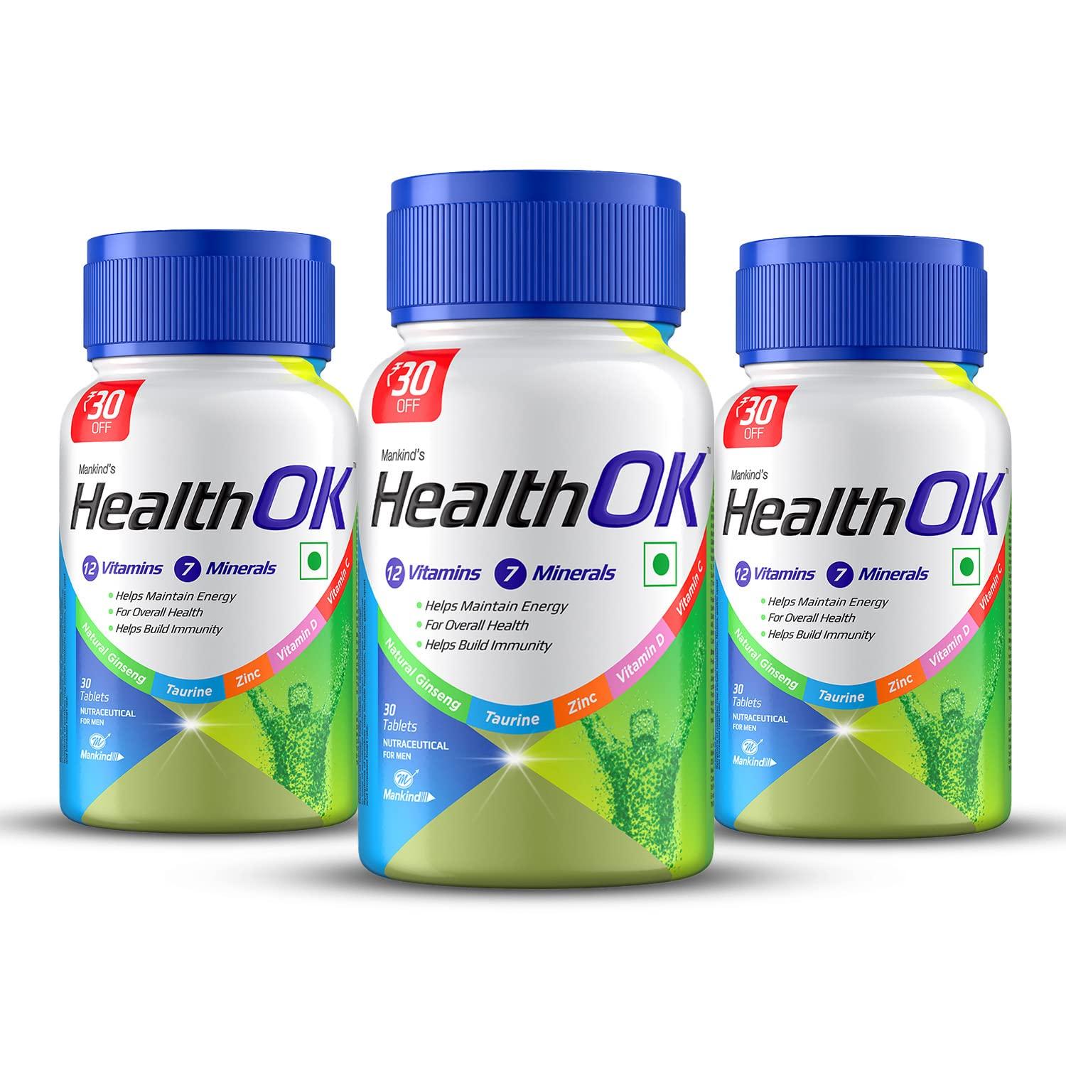 Mankind's Health OK Mankind's Health OK Multivitamin With Natural Ginseng, Taurine Power, Daily Energy, Alertness, Vitamin D, C & Other 18 Multivitamins Minerals, For Overall Health, 30 Tablets (Veg) X Pack Of 3