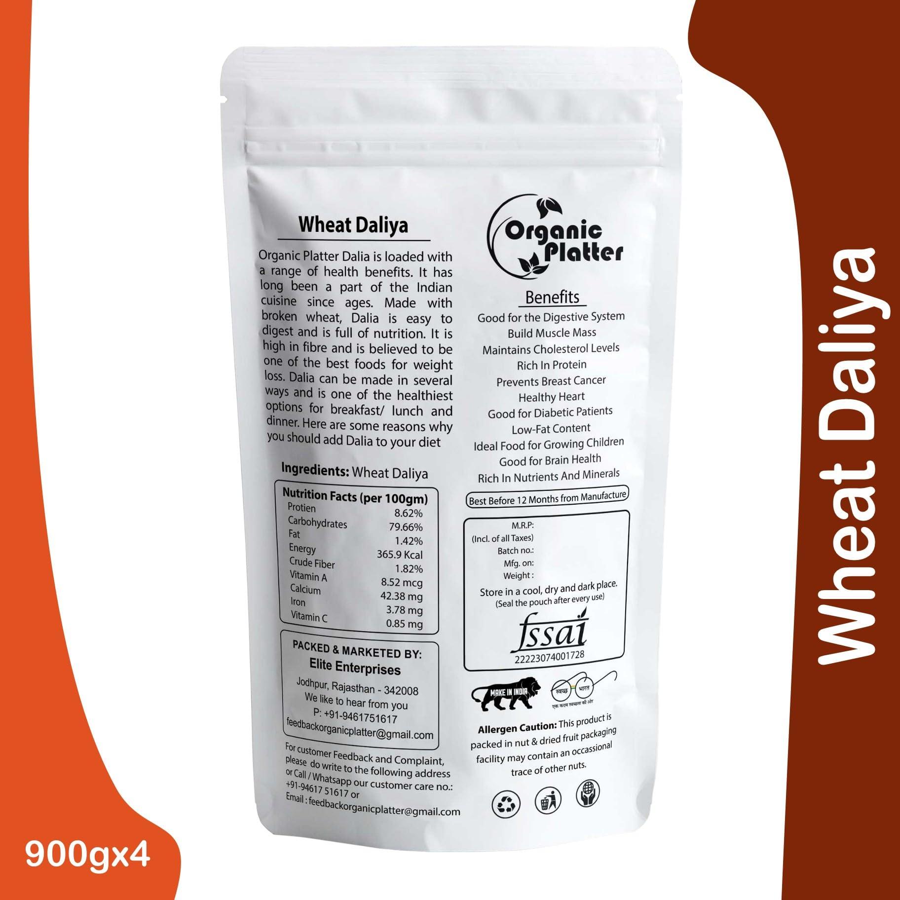 Organic Platter Wheat Daliya |Broken Wheat| Dalia| Gehu ka Daliya| Khapli Wheat Daliya| High Protein Daliya|Bulgur wheat - POUCH (1800)