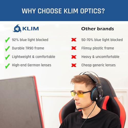 KLIM KLIM Optics Blue Light Blocking Glasses - NEW 2024 - Reduce Eye Strain and Fatigue - Gaming Glasses for PC Mobile TV - Blocks 92% Blue Light - Computer Glasses with UV Protection