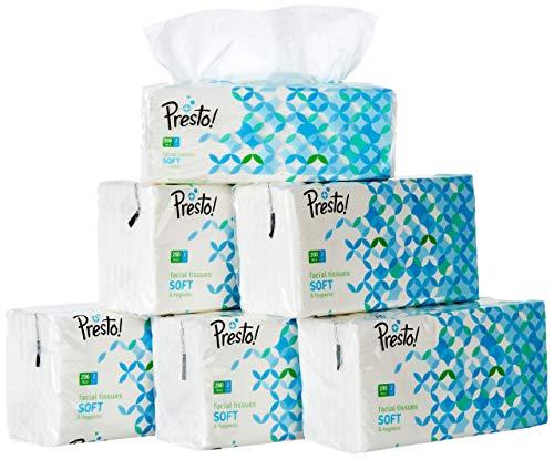 Presto! Amazon Brand - Presto! 2 Ply Facial Tissue Soft Pack - 200 Pulls (Pack of 6) & Amazon Brand - Presto! 2 Ply Kitchen Tissue/Towel Paper Roll - 6 Rolls (60 Pulls Per Roll)