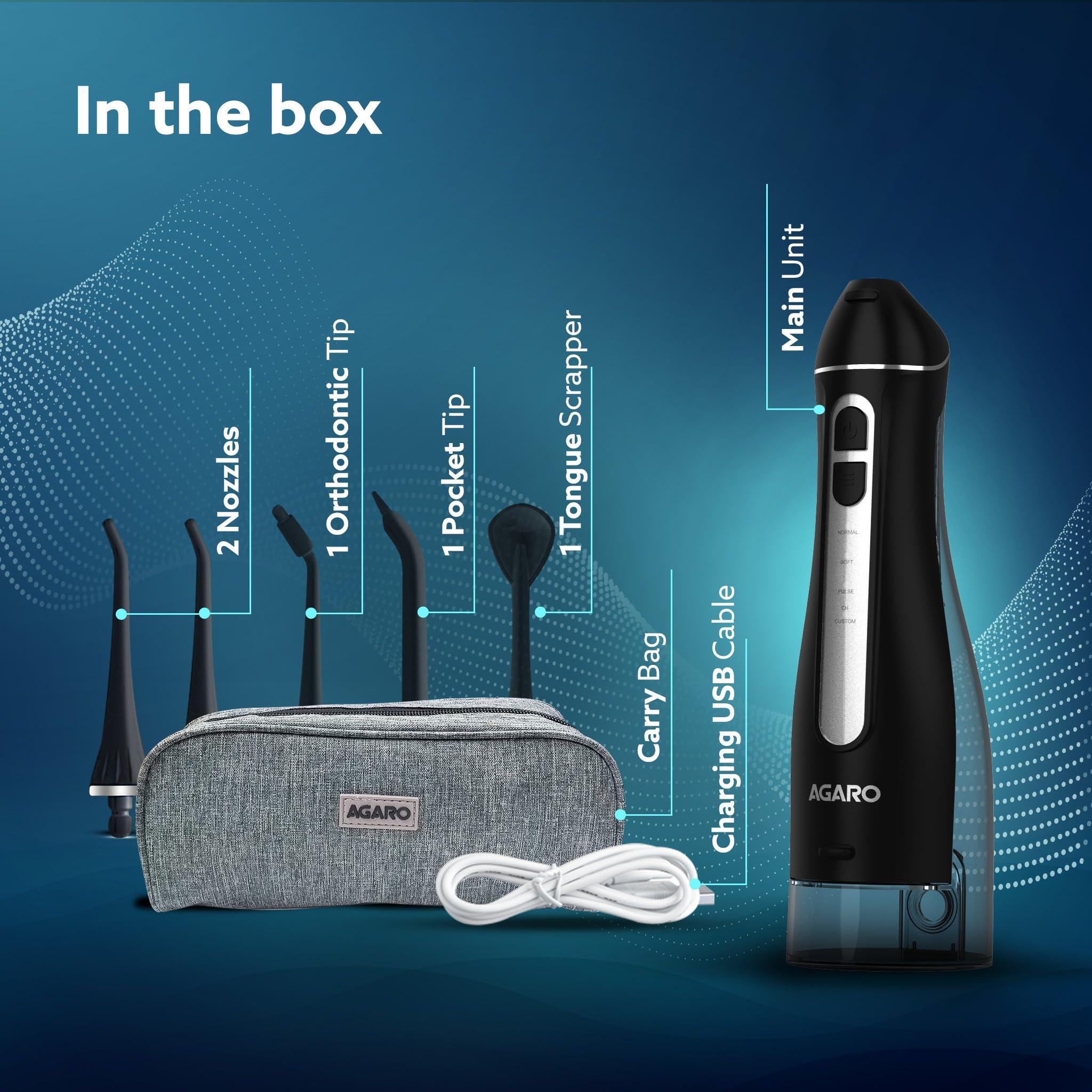 AGARO AGARO Ultra Plus Dental Flosser for teeth, Portable, Cordless & Rechargeable, 4 Cleaning Modes, IPX7 Waterproof, 300ml Water Tank, Flossing at Home & Travel, Oral Flosser, Oral Irrigator Black