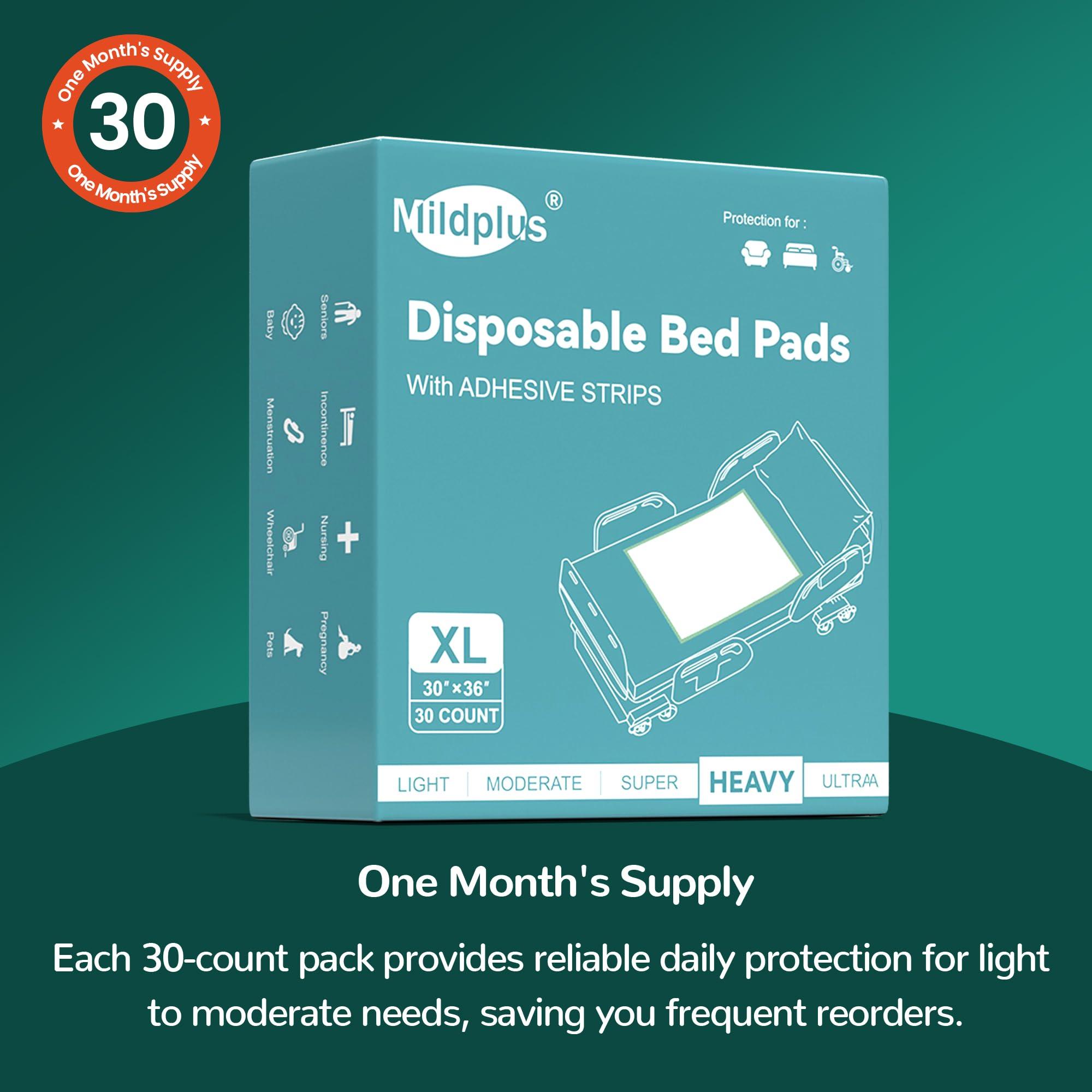 MILDPLUS MILDPLUS Bed Pads with Adhesive Strips 30\'\' X 36\'\' Disposable Underpads Extra Large Thicker Incontinence Pads for Unisex Adult, Senior, Kids and Pet (30 Count)