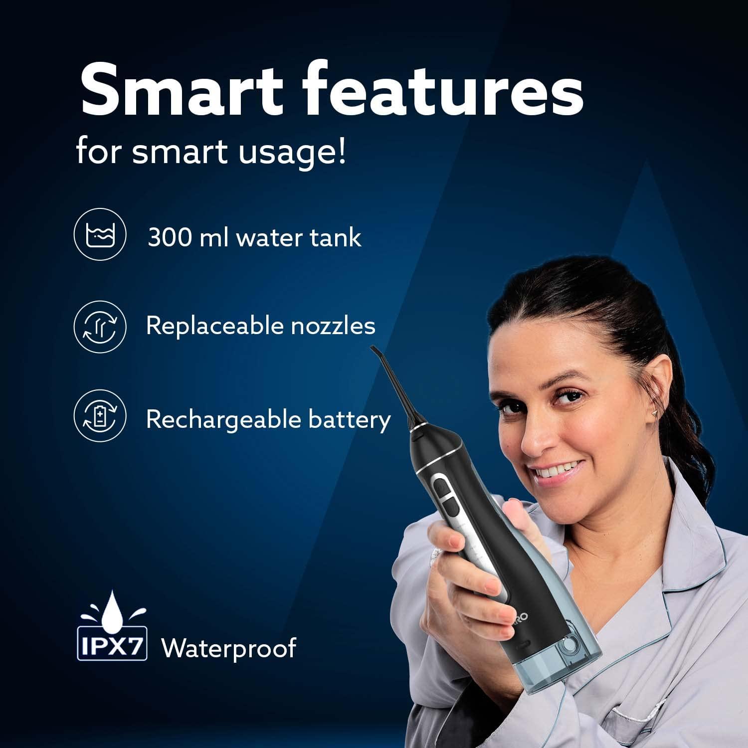 AGARO AGARO Ultra Plus Dental Flosser for teeth, Portable, Cordless & Rechargeable, 4 Cleaning Modes, IPX7 Waterproof, 300ml Water Tank, Flossing at Home & Travel, Oral Flosser, Oral Irrigator Black