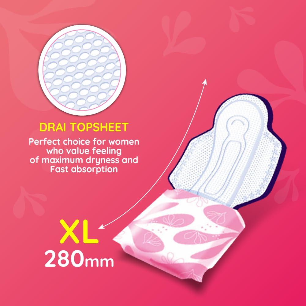 Bella Bella Classic Comfort Maxi Drai Pads/Sanitary Napkins For Women, Maximum Dryness, 28 Cm Long With Wings, For Rash Free Period, Suitable For Heavy Flow, Disposable Wrap, Size Xl, Pack Of 1, 20 Pcs