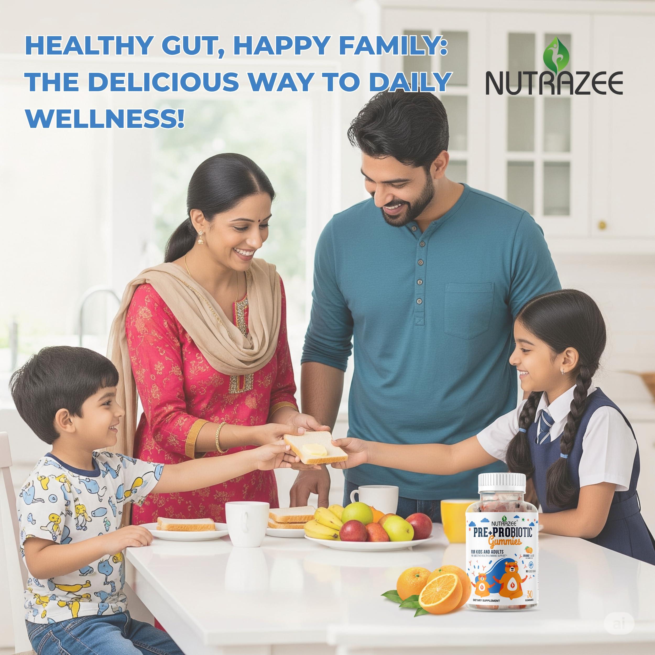Nutrazee Nutrazee Probiotic Gummies - 2 Billion CFU, Prebiotic Fiber - Zero Added Sugar Supplement For Kids, Men & Women Clinically Validated For Digestion, Easy Bowel Movement & Immunity, 30 Gummy Bears -Orange Flavour