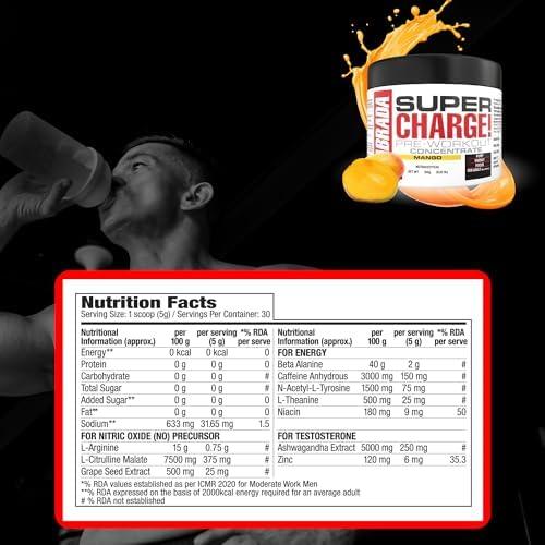 Labrada Labrada Super Charge Pre-Workout Concentrate Powder 150G, Mango (30 Servings | 0.75G L-Arginine |375Mg L-Citrulline Malate |2G Beta Alanine | 150Mg Caffeine Anhydrous | 250Mg Ashwagand