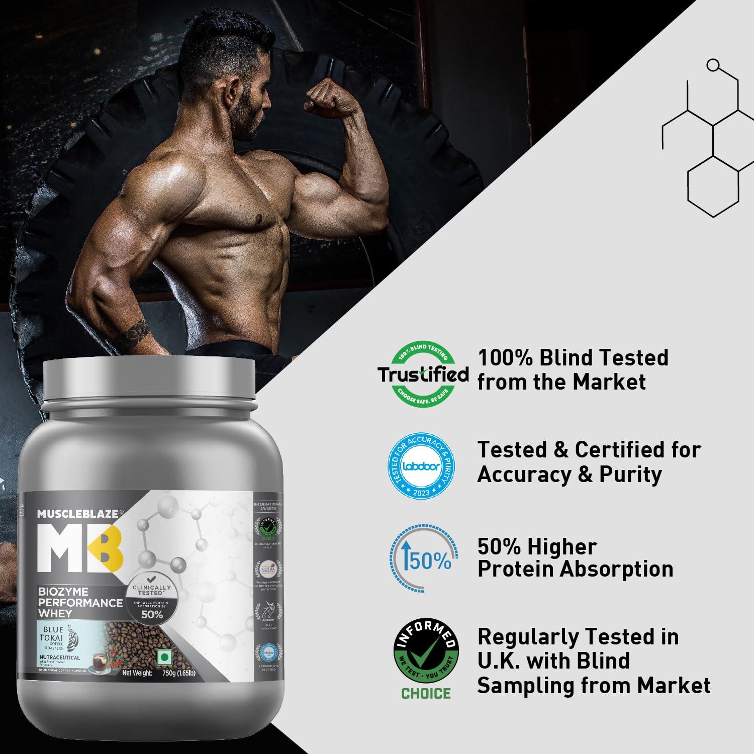 MuscleBlaze MuscleBlaze Biozyme Performance Whey Protein, (Informed Choice UK, Labdoor USA Certified) with Patent Filed EAF (Blue Tokai Coffee, 750 g)