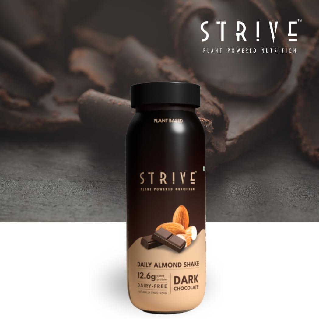 STRIVE Strive Vegan Protein Shake with 12.6g Plant Protein and 25% Calcium, Naturally Sweetend, Low Calorie Drink, Gluten & Trans Fat Free, Gut Friendly, Source of Fiber, Pack of 12 x 200ml (Dark Chocolate Almond)