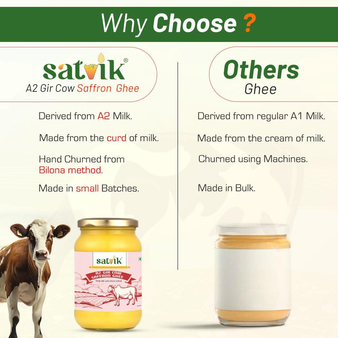 SATVIK PURE GHEE Satvik Pure Ghee A2 Gir Saffron Cow Ghee 500gm Churned from Vedic Bilona Method | Bilona Ghee | A2 Cow Desi Ghee 500ml
