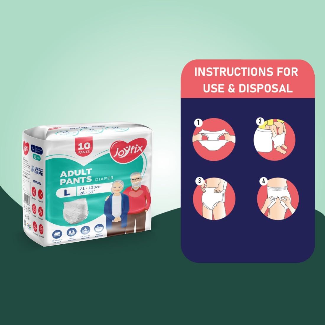 Joyfix JOYFIX Adult Diapers | Pant Style | Waist Size 71-130 cm (28\"-51\") | Large | Pack of 3 | Odour lock | Anti-Bacterial Absorbent - L (30 Pieces)