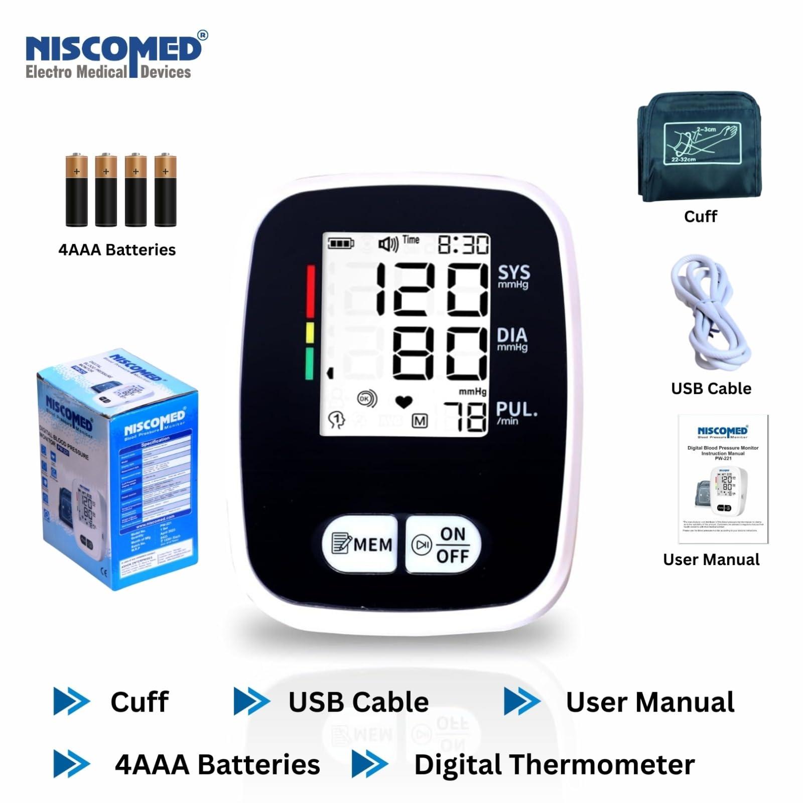 NISCOMED NISCOMED PW-221 Digital BP Check Machine For Home | Fully Automatic Upper Arm Style BP Monitor | With USB Cable & AAA Battery | Digital LCD Display | Memory 99 x 2 Users, White (1 Year Warranty)