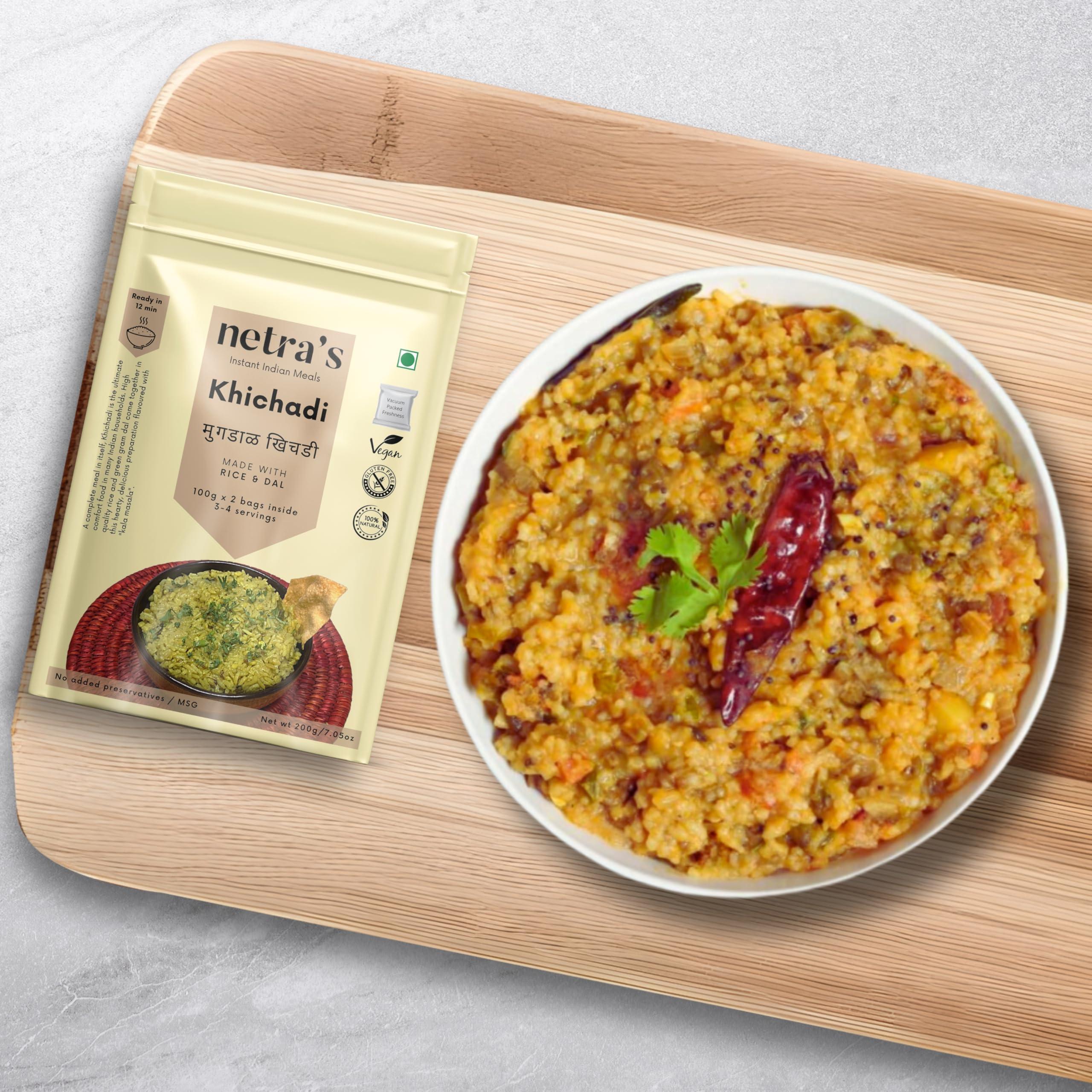 netra's netra's Instant Khichadi | 4 servings | Instant & Preservative-free | Made with rice & moong dal Instant Ready Khichdi Tadka with Ghee & All Spices | Ready to Cook | Restaurant Style Taste in Minutes 