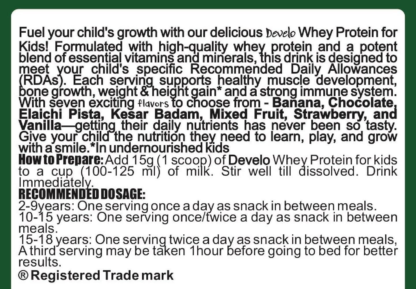 DEVELO Develo Whey Protein Powder for Little Kids, 2-12 years, Adolescent Children & Teenager Boys & Girls - 500g kesar Badam Flavour