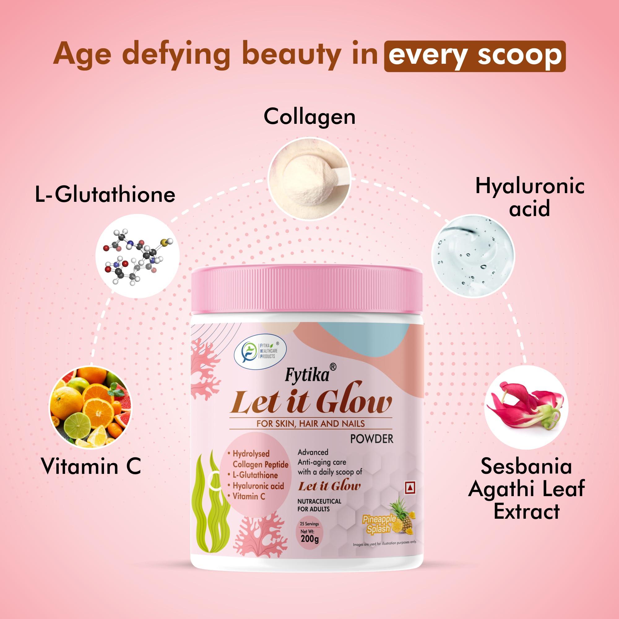 FYTIKA Fytika Let it Glow Pineapple, Collagen Powder-200G + Fytika Flexi Move| Glucosamine, Rosehip Powder extract-60 Tabs + Fytika Strong bones with Calcium and Vitamin D2-60 Tabs