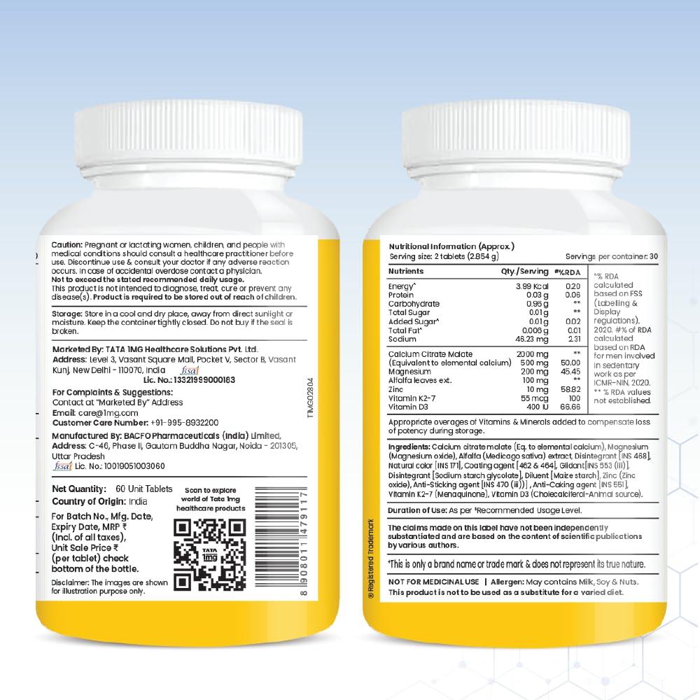 TATA 1MG TATA 1mg Calcium & Vitamin D3 supplement with Zinc, Magnesium & Alfalfa | High absorption Calcium Citrate Maleate form | 500mg Calcium & 400iu Vitamin D3 | For strong bones & joints | 60 tablets