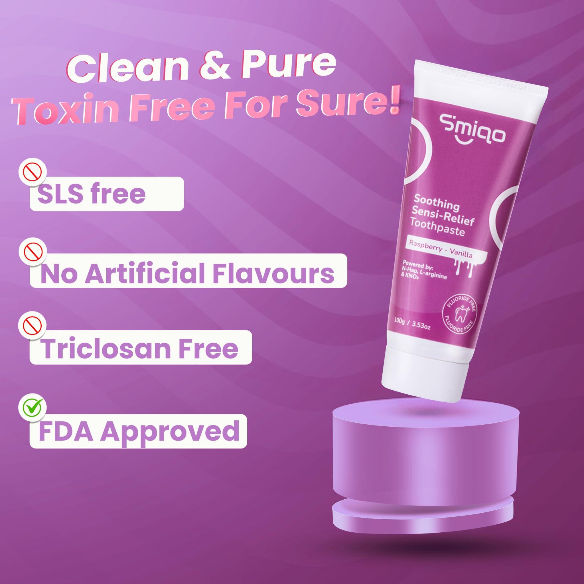Smiqo Smiqo Sensi Relief Toothpaste - 100g | Instant Sensitivity Relief | Raspberry-Vanilla Delight | Advanced Formula with N-Hap, L-Arginine, and Potassium Nitrate | Fights Plaque & Cavities | Freshens Breath | SLS-Free | No Harsh Chemicals