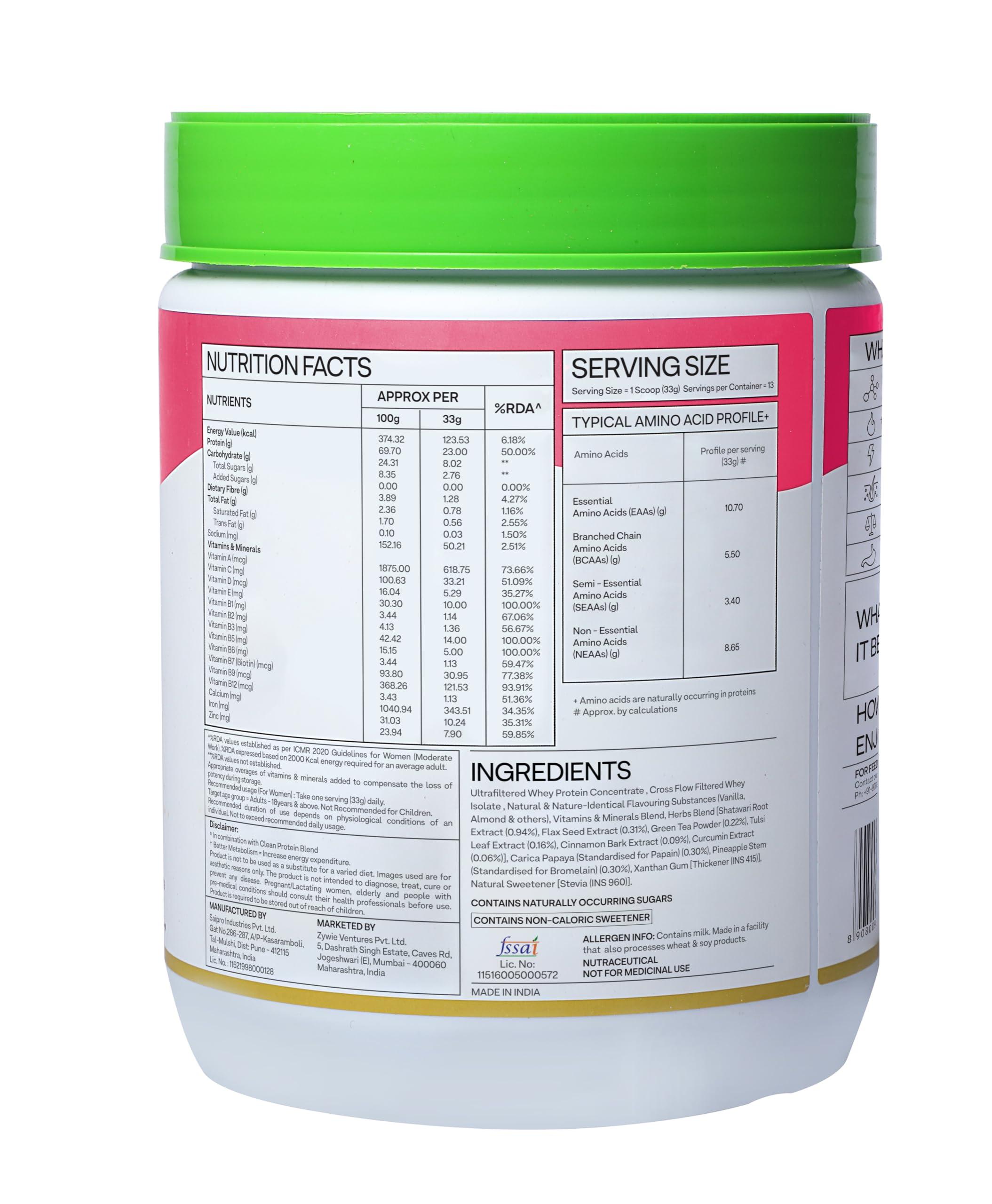 OZiva OZiva Protein & Herbs for Women (Vanilla Almond) I Manage Weight, Energy & Metabolism | Clean Protein, Shatavari, Green Tea I No Added Sugar, 1lbs + Shaker (Super Saver Pack)