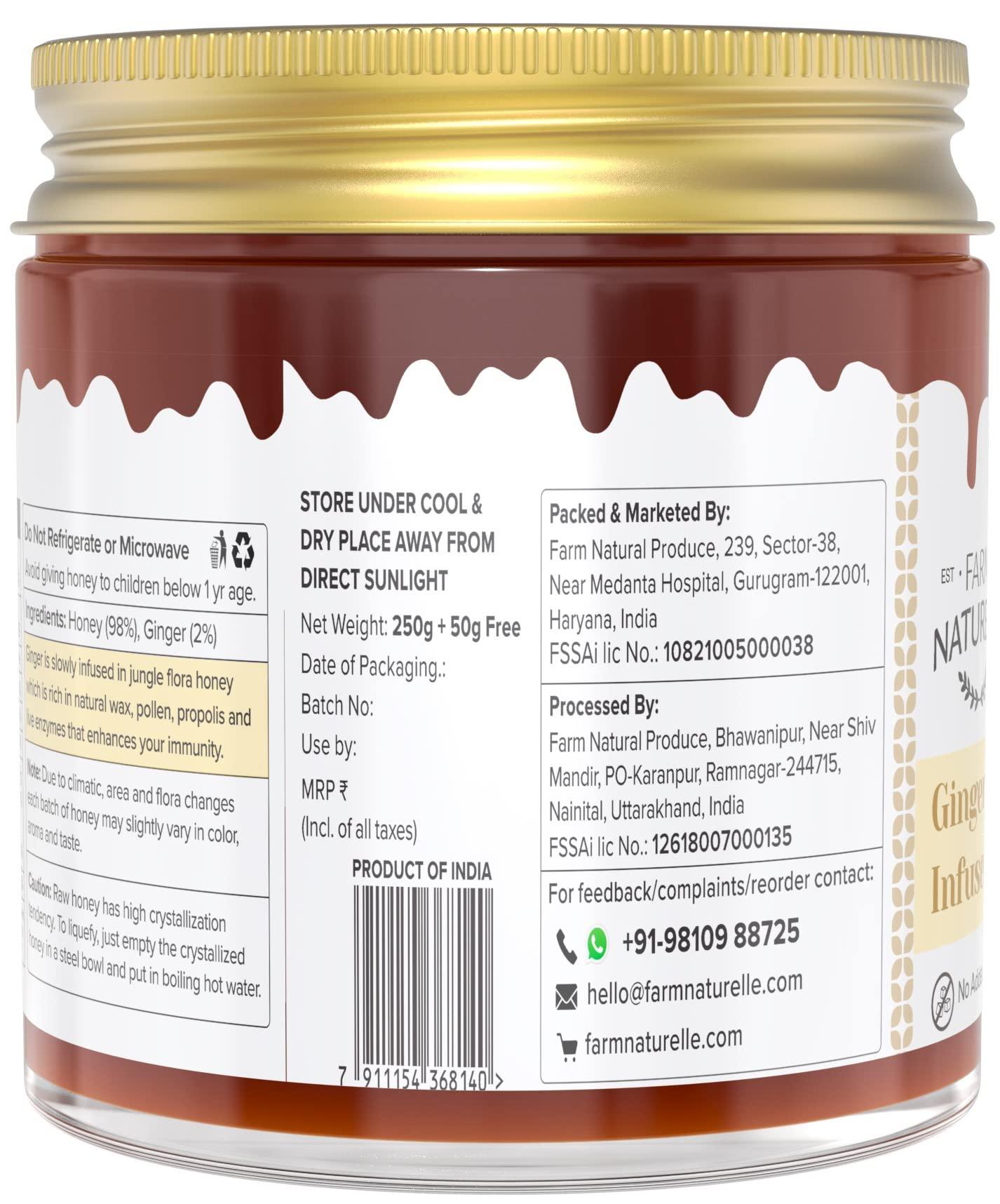 Farm Naturelle Farm Naturelle Healthy Ginger Infused Honey 300gm |100% Pure Honey| Raw & Unfiltered|Unprocessed|Lab Tested Honey In Glass Jar with Engraved Virgin Wooden Spoon