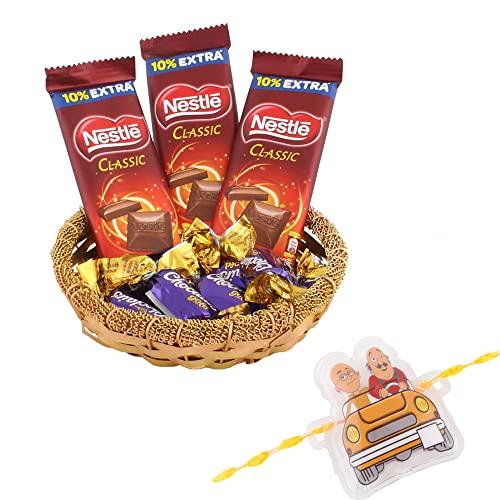 SFU E Com SFU E Com Nestle Classic & Choclairs Gold Chocolates Gift Hamper|Kids Motu Patlu Rakhi Chocolate for Bother | Roli, Chawal, Chandan, Misri | 37
