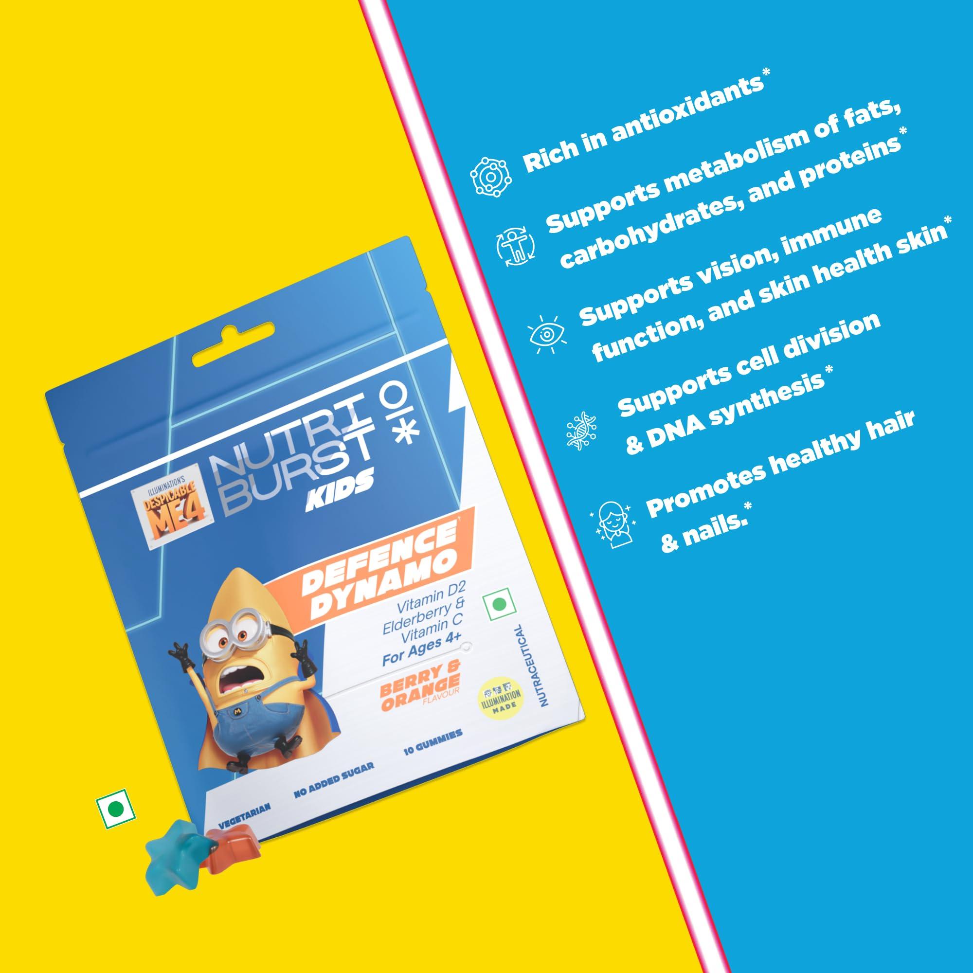 Nutriburst Nutriburst Defence Dynamo Minions Kids Gummies - Immune Boost with Vit D, Vit C, & Black Elderberry Extract - Chewable Vegan Supplement For Kids Aged 4+, 3 Packs (10 N Each)