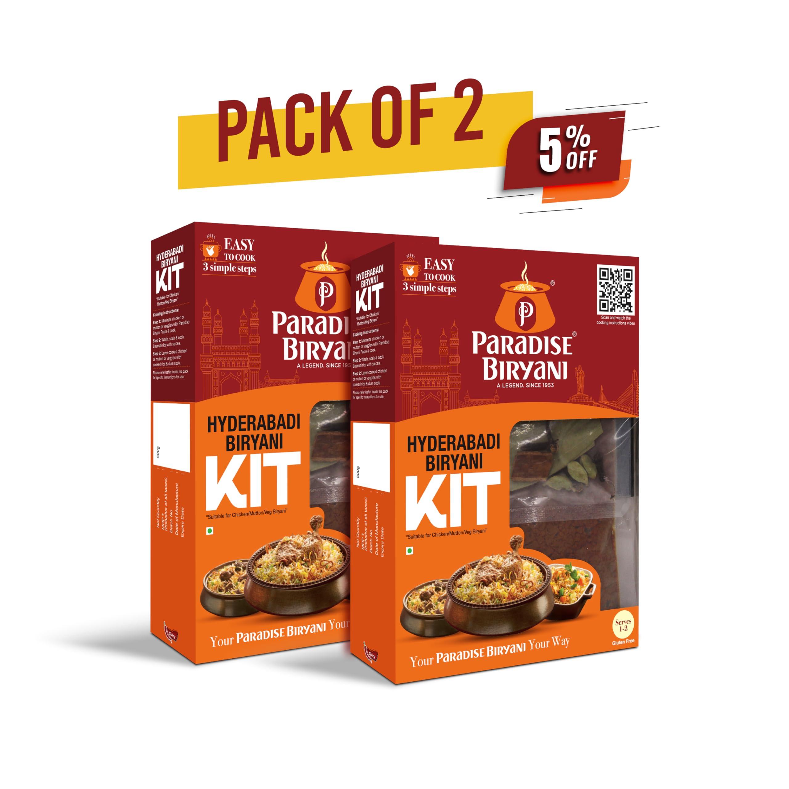 Paradise Biryani Paradise Hyderabadi Biryani Kit | Easy 3 Step Cooking | From the House of Original Hyderabadi Paradise | Your Paradise Biryani Your Way | 322 Gm (Pack of 2)