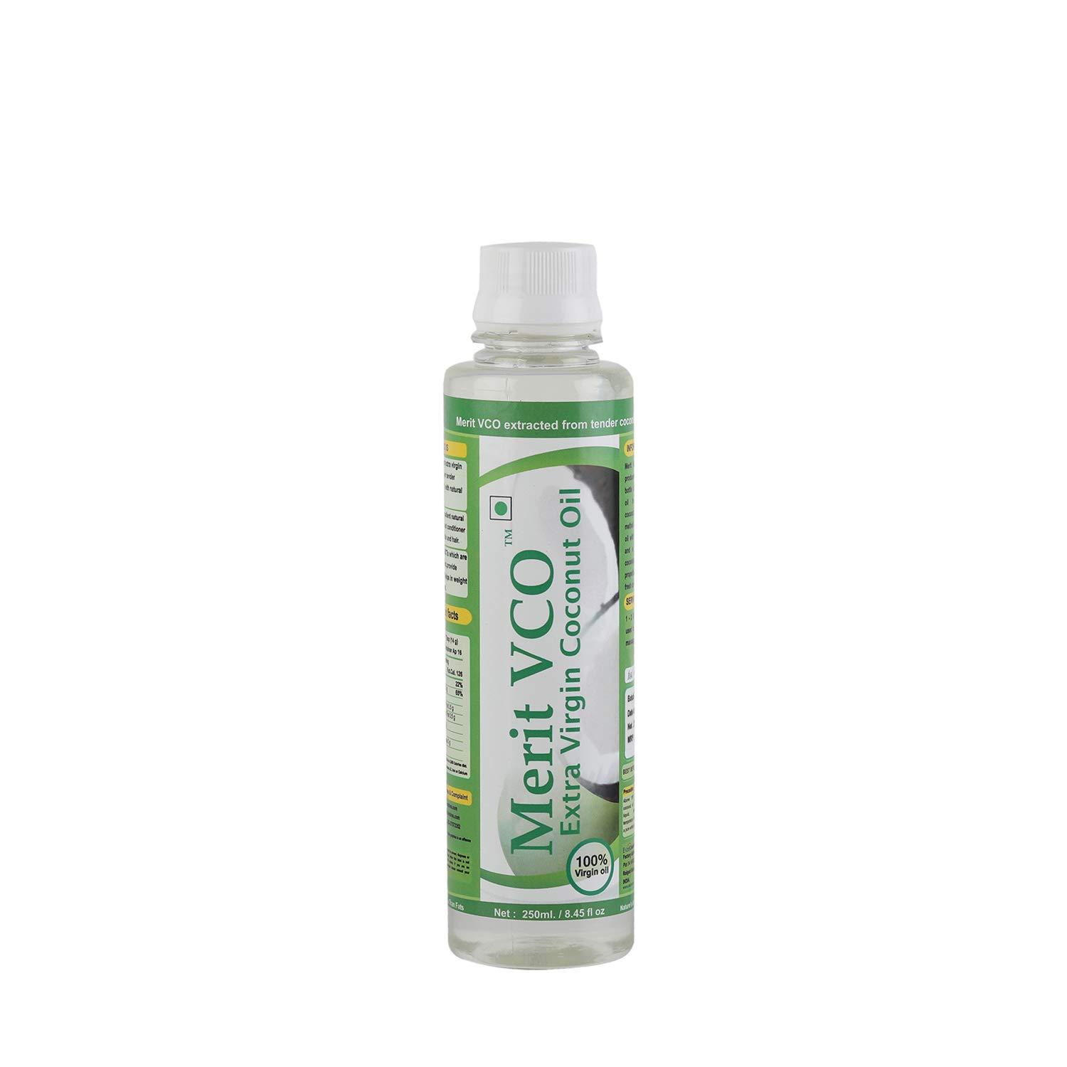 MERIT VCO MERIT VCO Oil 100% Natural Cold Pressed VCO - 250 ML |100% Pure, Edible Grade | For Cooking, Skin & Hair Health, Oil Pulling