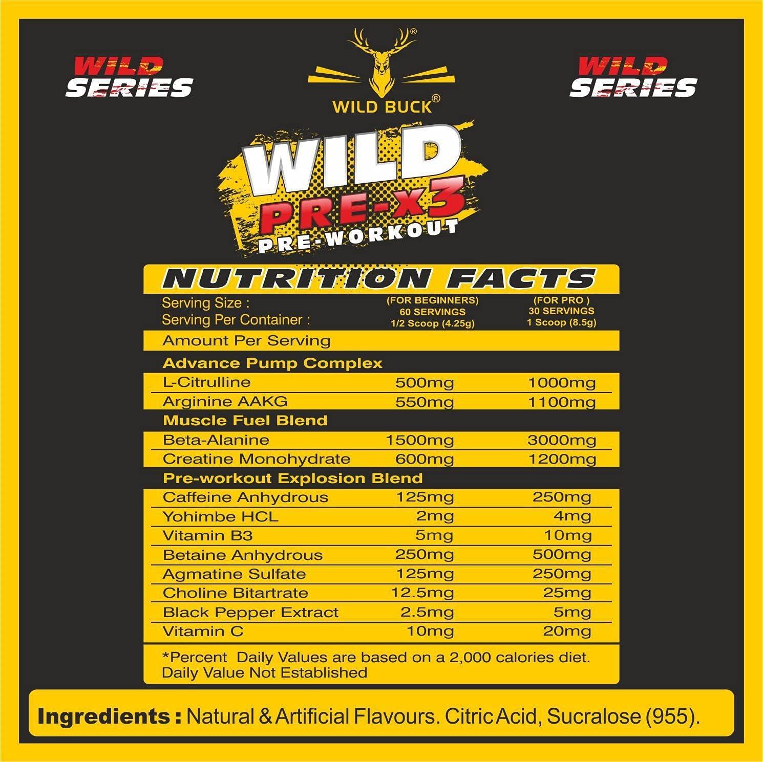 WILD BUCK WILD BUCK Wild Pre-X3 Hardcore Pre-Workout Supplement Powder, Energy Drink Monohydrate, Men,Women [30-60 Servings, Pina Colada, 255G] + Monohydrate Powder, [33 Servings, Unflavoured]