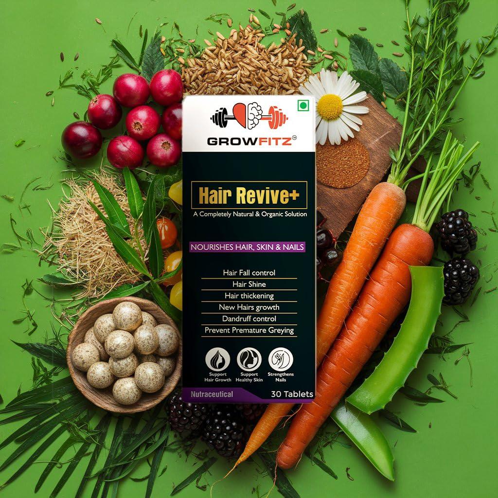 GROWFITZ Growfitz Hair Revive+ | Ayurvedic & 100% Natural | Hair Growth, Skin, Nails | For Men & Women - 30 veg tablets
