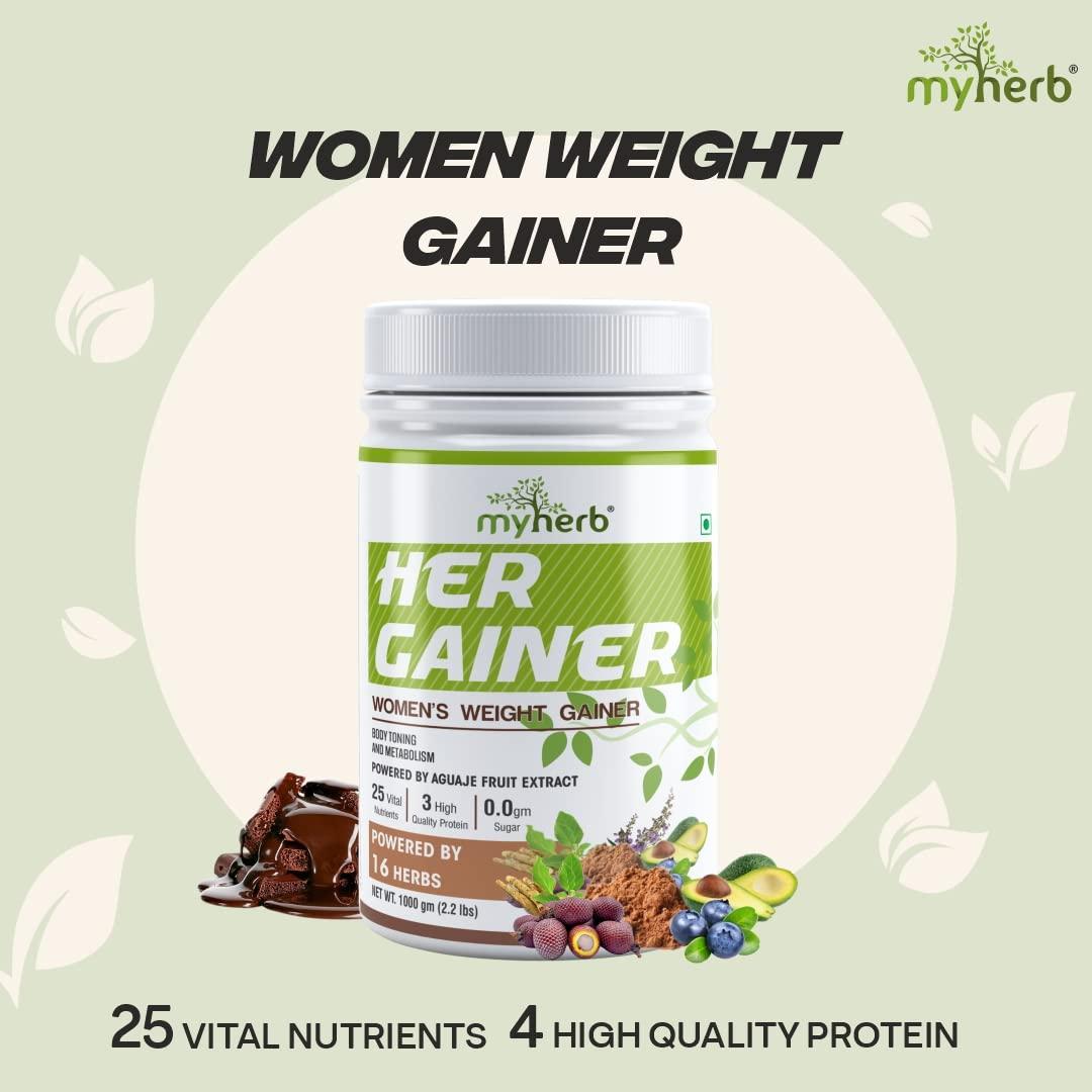 Myherb MYHERB Womens Weight Gainer,Her Gainer With 16 Herbs & Aguaje Fruit,3 High Qaulity Protien,For Weight & Mass Gainer And Muscle Growth For Women (1 kg (Pack of 1), Chocolate)